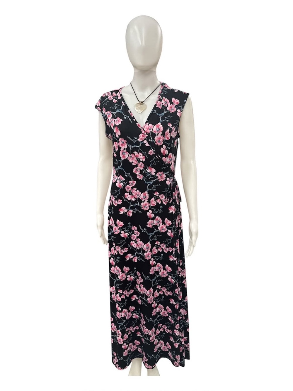 Floral Wrap Maxi Dress in Black with Pink Blossoms Size S